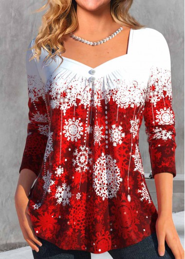 ROTITA Button Snowflake Print Wine Red Heart Collar T Shirt