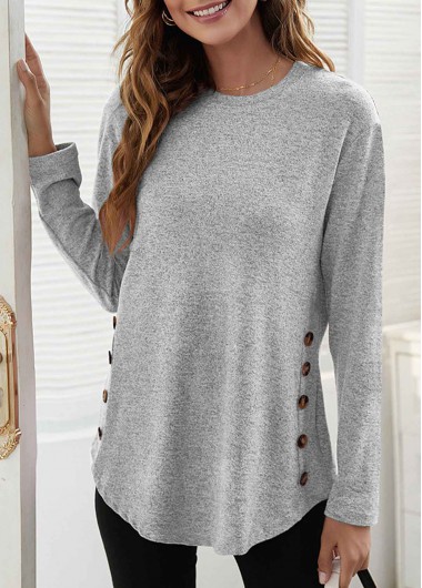 Patchwork Grey Round Neck Long Sleeve T Shirt