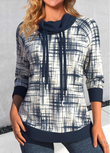ROTITA Patchwork Geometric Print Navy Cowl Neck Long Sleeve Sweatshirt