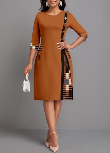 ROTITA Patchwork Geometric Print Dark Coffee Round Neck Dress