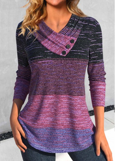 ROTITA Button Striped Dark Reddish Purple V Neck T Shirt