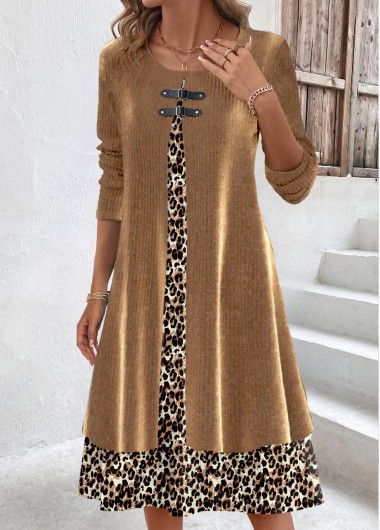 ROTITA Fake 2in1 Leopard Light Coffee A Line Dress