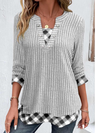 ROTITA Fake 2in1 Plaid Grey Split Neck Long Sleeve Blouse