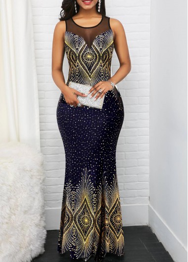 ROTITA Hot Stamping Tribal Print Navy Sleeveless Dress