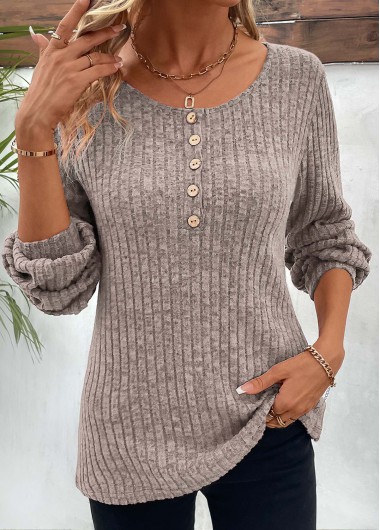 Button Light Camel Round Neck Long Sleeve T Shirt