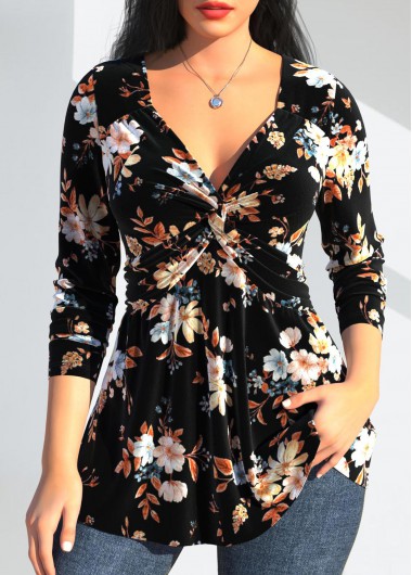 ROTITA Twist Random Floral Print Black V Neck T Shirt