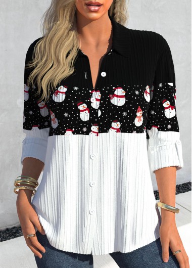 ROTITA Button Snowman Print Black Shirt Collar Long Sleeve Blouse