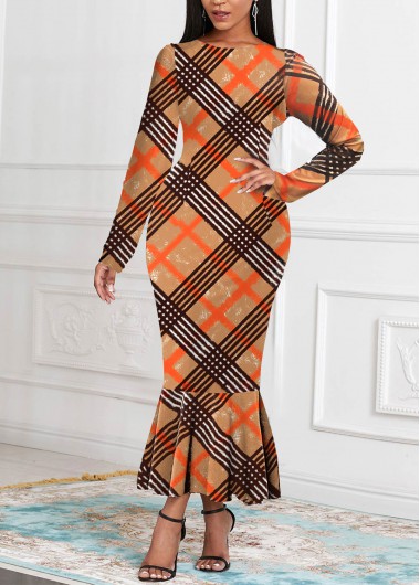 ROTITA Plaid Dark Coffee Round Neck Mermaid Dress