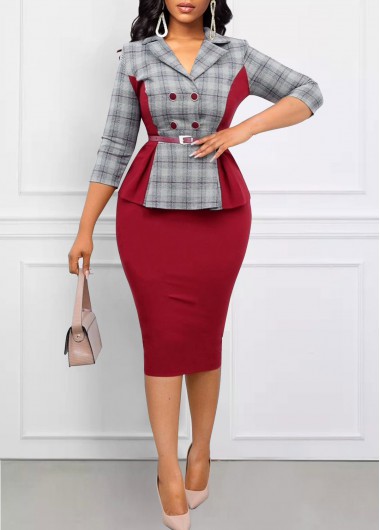 ROTITA Patchwork Plaid Light Grey Marl Lapel Dress