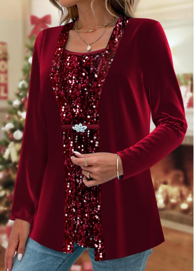 ROTITA Fake 2in1 Wine Red Square Neck T Shirt