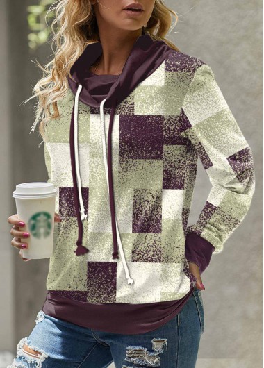 ROTITA Patchwork Geometric Print Sage Green Cowl Neck Sweatshirt