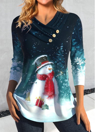 ROTITA Button Snowman Print Blackish Green V Neck T Shirt