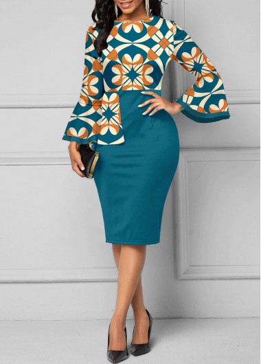 ROTITA Patchwork Tribal Print Peacock Blue Round Neck Bodycon Dress
