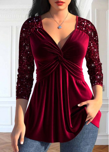 ROTITA Sequin Wine Red V Neck Long Sleeve T Shirt