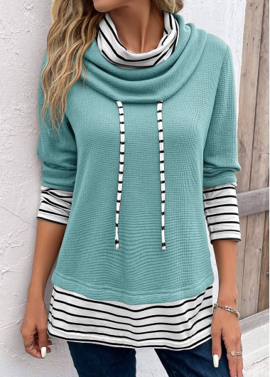 ROTITA Patchwork Striped Mint Green Cowl Neck Long Sleeve Sweatshirt