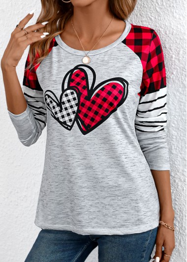 Patchwork Plaid Grey Round Neck Long Sleeve T Shirt