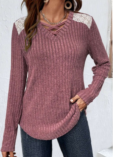 ROTITA Lace Dark Reddish Purple Round Neck T Shirt
