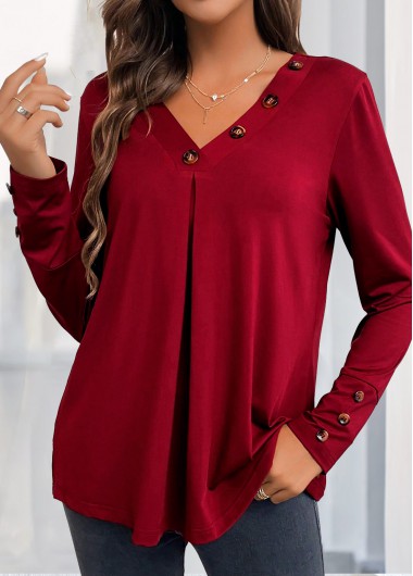 ROTITA Button Wine Red V Neck Long Sleeve Blouse