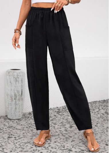 ROTITA Pocket Black Elastic Waist High Waisted Pants