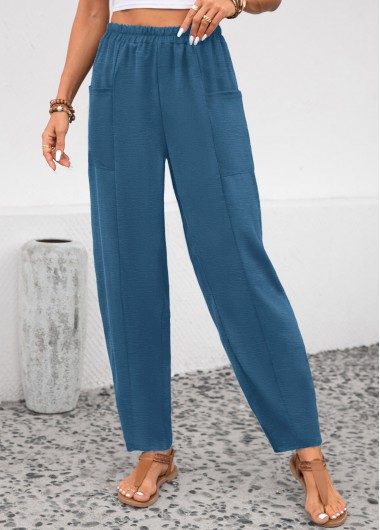 ROTITA Pocket Peacock Blue Elastic Waist High Waisted Pants