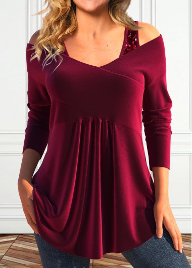ROTITA Sequin Wine Red V Neck Long Sleeve T Shirt