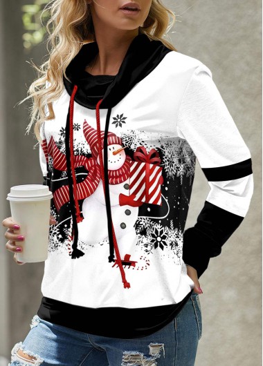 ROTITA Patchwork Christmas Print Black Long Sleeve Hoodie