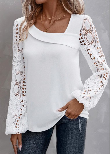 ROTITA Lace White Asymmetrical Neck Long Sleeve Blouse