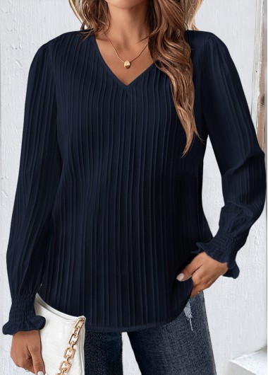 ROTITA Smocked Navy V Neck Long Sleeve Blouse