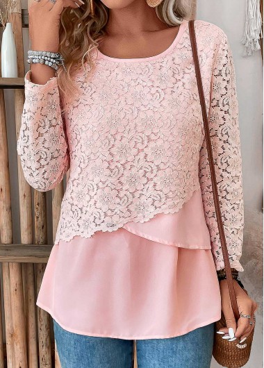 ROTITA Lace Light Pink Round Neck Long Sleeve Blouse