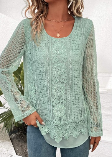 ROTITA Lace Green Round Neck Long Sleeve Blouse