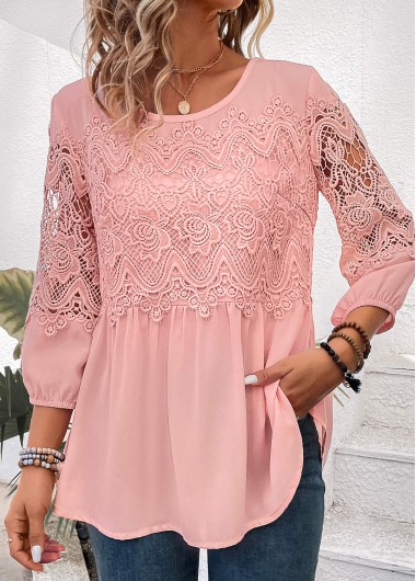 ROTITA Lace Patchwork Dusty Pink Round Neck Blouse