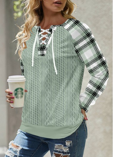 ROTITA Lace Up Plaid Sage Green Split Neck Sweatshirt