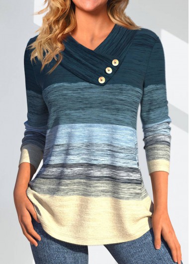ROTITA Patchwork Striped Multi Color V Neck T Shirt