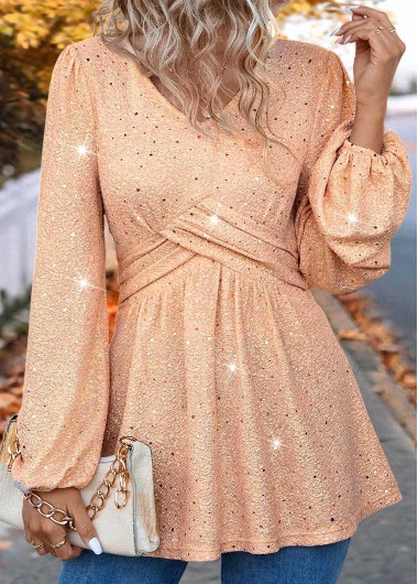 ROTITA Hot Stamping Light Pink V Neck Long Sleeve Blouse