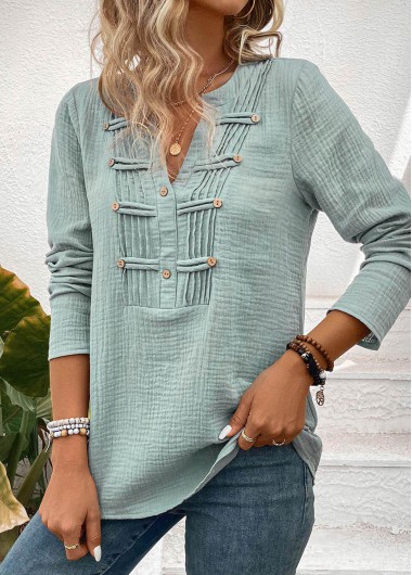 ROTITA Tuck Stitch Sage Green Split Neck Long Sleeve Blouse