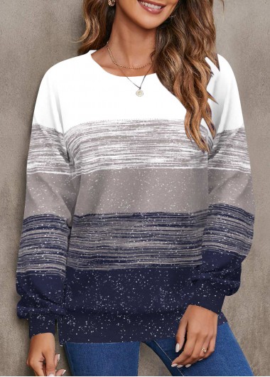 ROTITA Geometric Print Navy Round Neck Long Sleeve Sweatshirt
