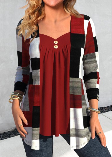 ROTITA Fake 2in1 Geometric Print Wine Red T Shirt