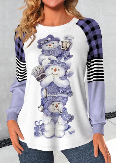 ROTITA Patchwork Snowman Print Light Purple Round Neck T Shirt
