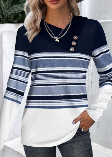 ROTITA Patchwork Striped Navy Asymmetrical Neck Long Sleeve T Shirt