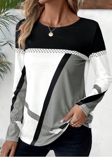 ROTITA Patchwork Geometric Print Multi Color Round Neck T Shirt