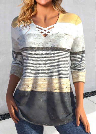 ROTITA Criss Cross Striped Grey V Neck T Shirt