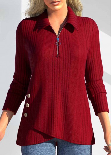 ROTITA Zipper Red Polo Collar Long Sleeve T Shirt