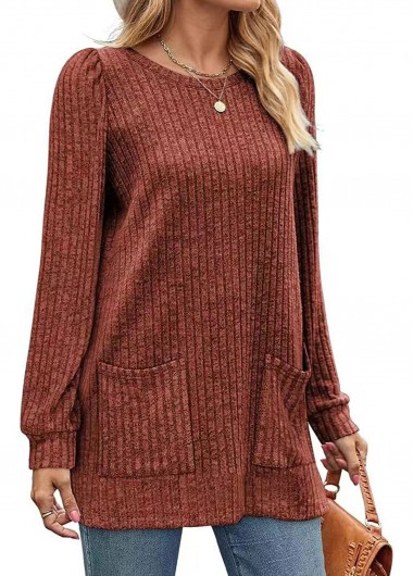 Pocket Brick Red Round Neck Long Sleeve T Shirt