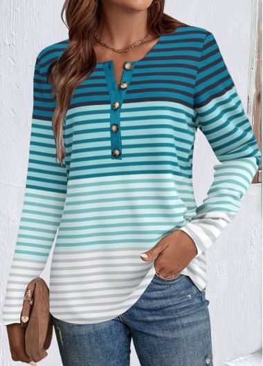 ROTITA Patchwork Striped Green Split Neck Long Sleeve T Shirt