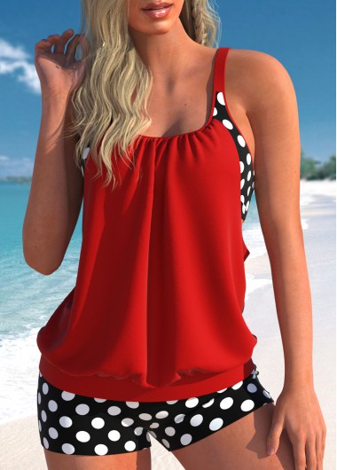 ROTITA Ruched Navy Polka Dot High Waisted Tankini Set