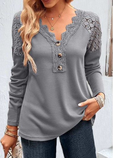 ROTITA Patchwork Grey V Neck Long Sleeve T Shirt