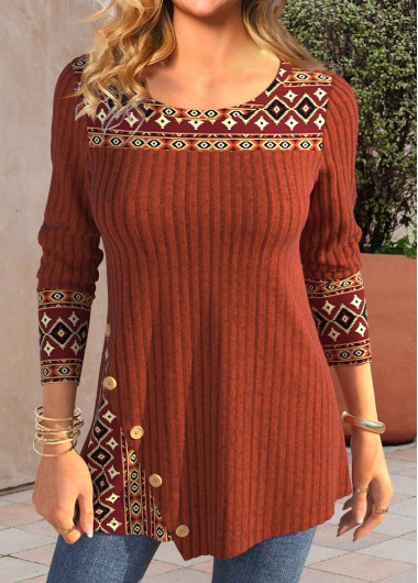 ROTITA Patchwork Tribal Print Brick Red Round Neck T Shirt