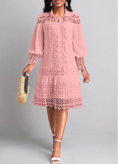 ROTITA Lace Light Pink Shirt Collar Long Sleeve Shift Dress