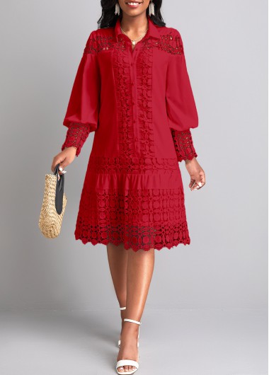 ROTITA Lace Wine Red Shirt Collar Long Sleeve Shift Dress