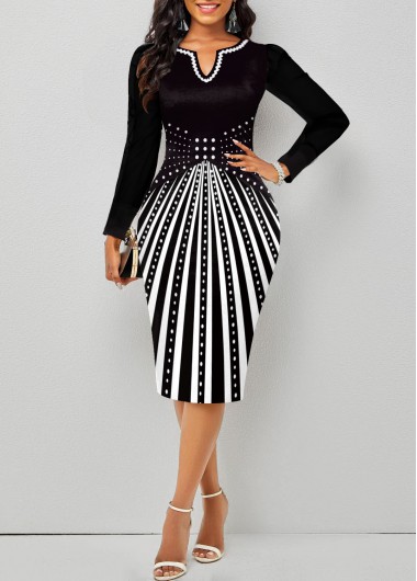 ROTITA Split Geometric Print Black Long Sleeve Bodycon Dress